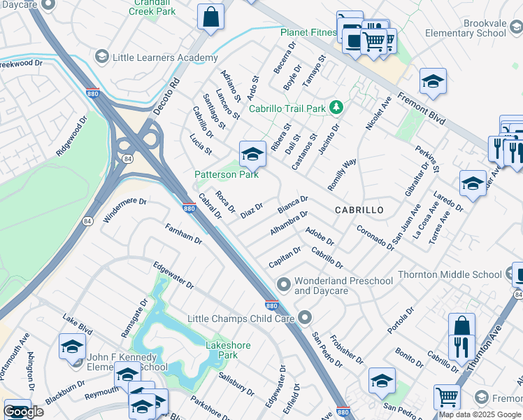 map of restaurants, bars, coffee shops, grocery stores, and more near 4645 Bianca Drive in Fremont