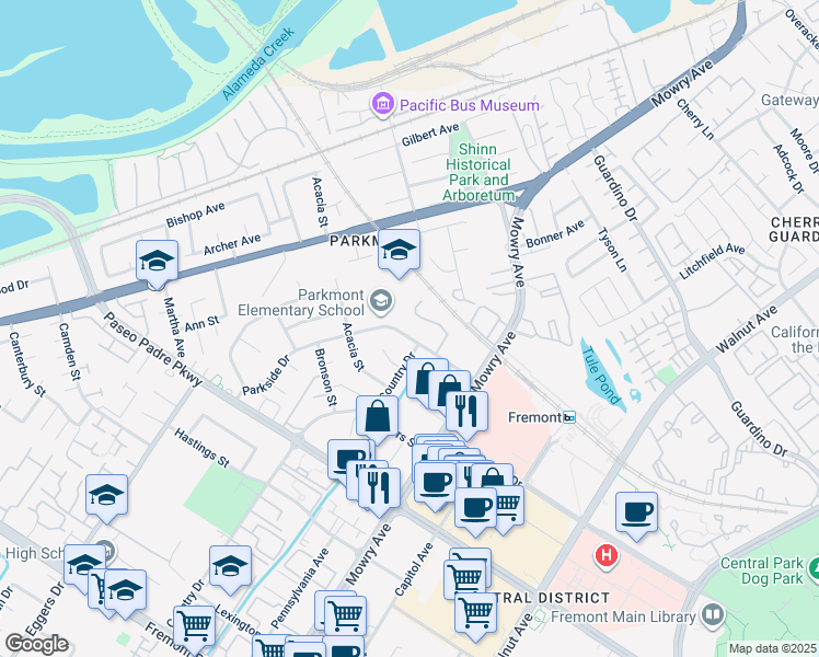 map of restaurants, bars, coffee shops, grocery stores, and more near 2535 Parkside Drive in Fremont