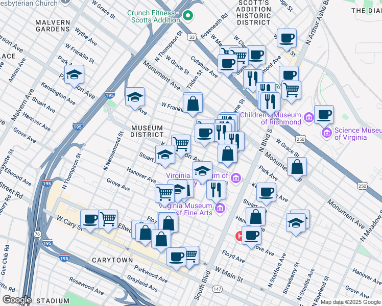 map of restaurants, bars, coffee shops, grocery stores, and more near 3122 Kensington Avenue in Richmond