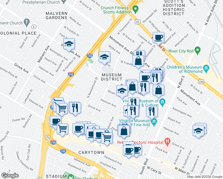 map of restaurants, bars, coffee shops, grocery stores, and more near 3326 Stuart Avenue in Richmond