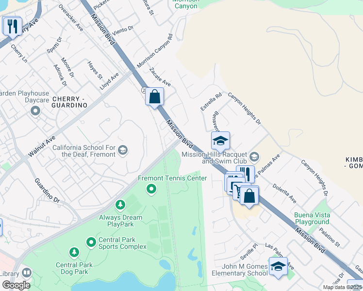 map of restaurants, bars, coffee shops, grocery stores, and more near 39488 Stevenson Place in Fremont