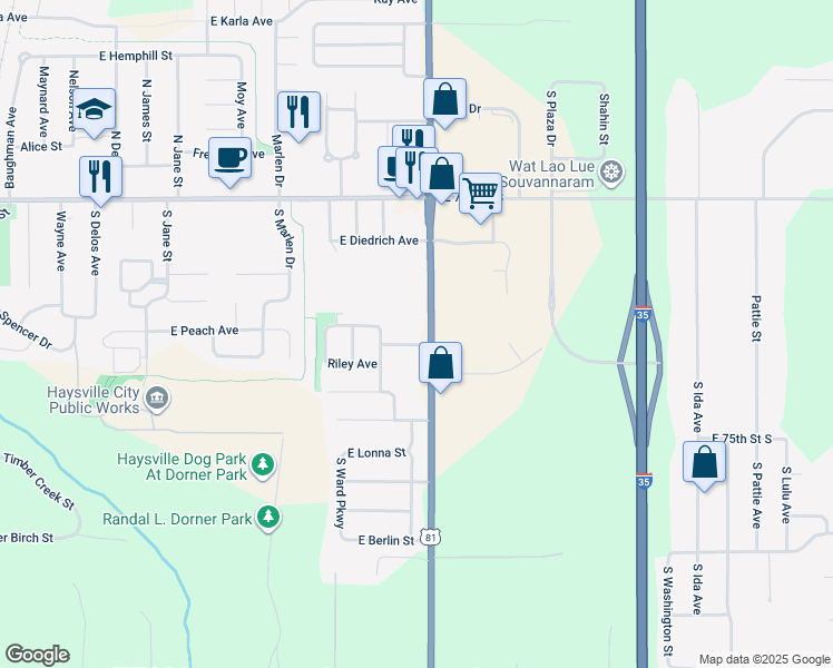 map of restaurants, bars, coffee shops, grocery stores, and more near 7425 South Broadway in Haysville