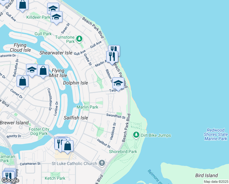 map of restaurants, bars, coffee shops, grocery stores, and more near 212 Albacore Lane in Foster City