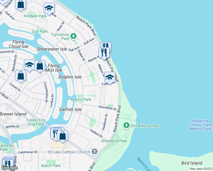 map of restaurants, bars, coffee shops, grocery stores, and more near 212 Albacore Lane in Foster City