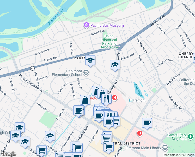 map of restaurants, bars, coffee shops, grocery stores, and more near 38551 Botany Green in Fremont
