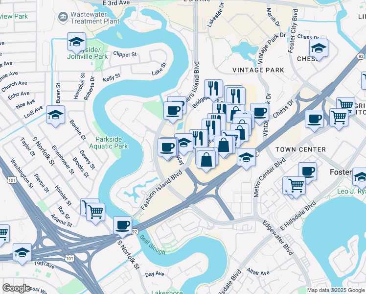map of restaurants, bars, coffee shops, grocery stores, and more near 999 Armada Way in San Mateo