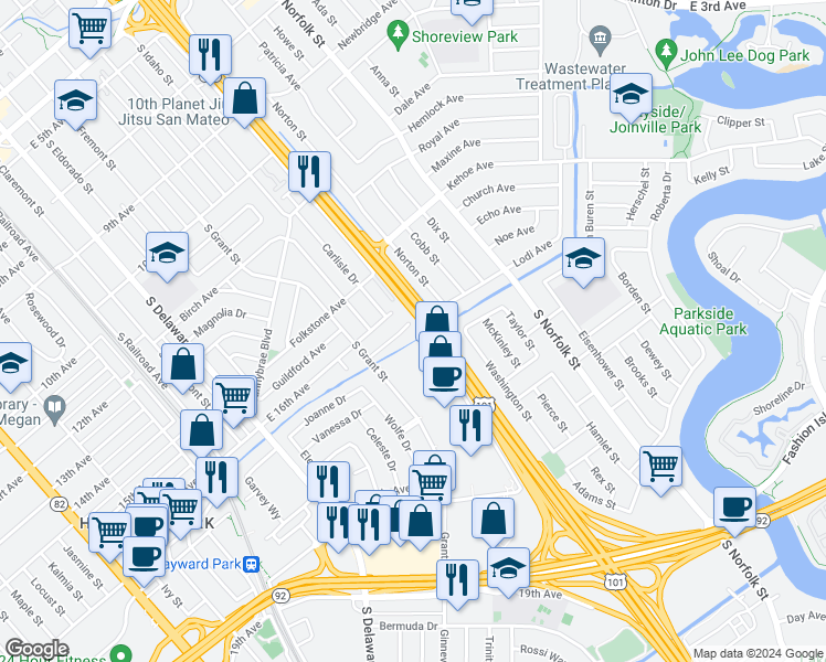 map of restaurants, bars, coffee shops, grocery stores, and more near 1010 Haddon Drive in San Mateo