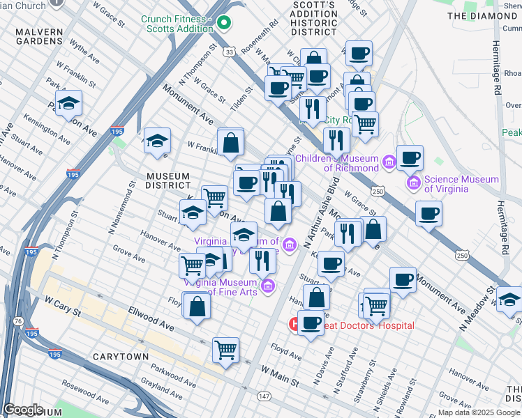 map of restaurants, bars, coffee shops, grocery stores, and more near 516 North Sheppard Street in Richmond