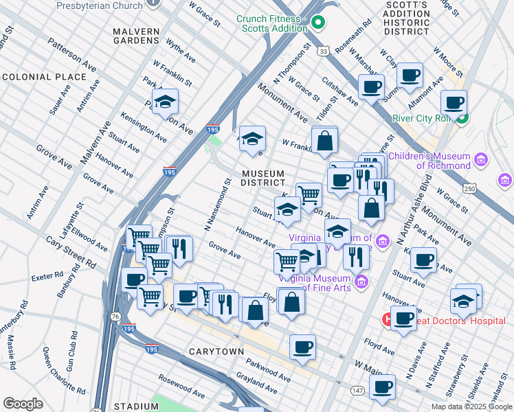 map of restaurants, bars, coffee shops, grocery stores, and more near 3325 Stuart Avenue in Richmond