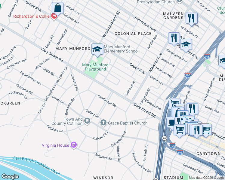 map of restaurants, bars, coffee shops, grocery stores, and more near 1 Windsor Way in Richmond