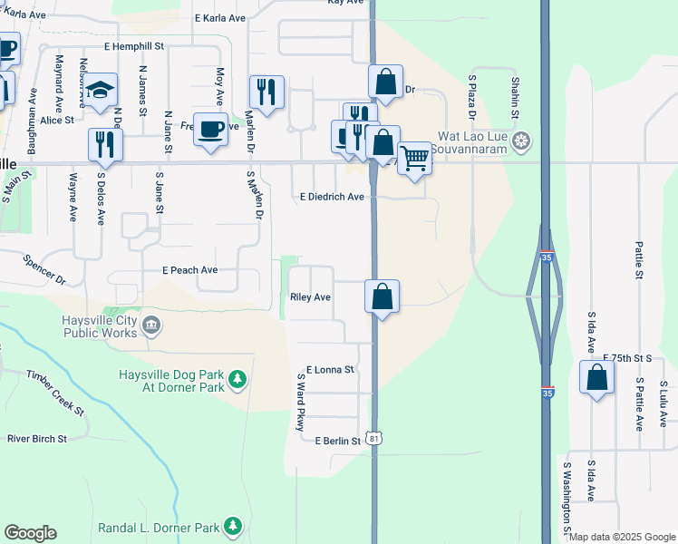 map of restaurants, bars, coffee shops, grocery stores, and more near 7425 South Broadway Street in Haysville