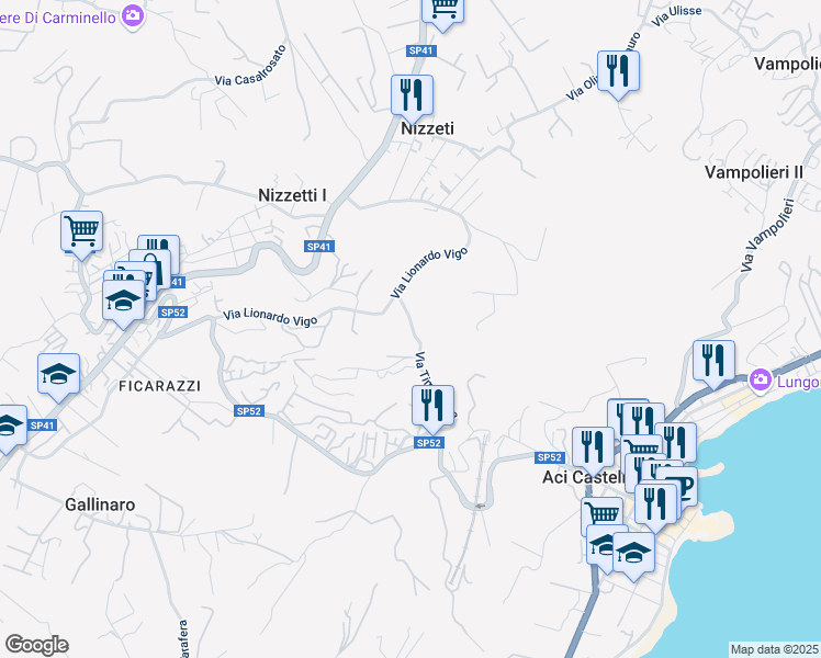 map of restaurants, bars, coffee shops, grocery stores, and more near 39 Via Timparosa in Aci Castello