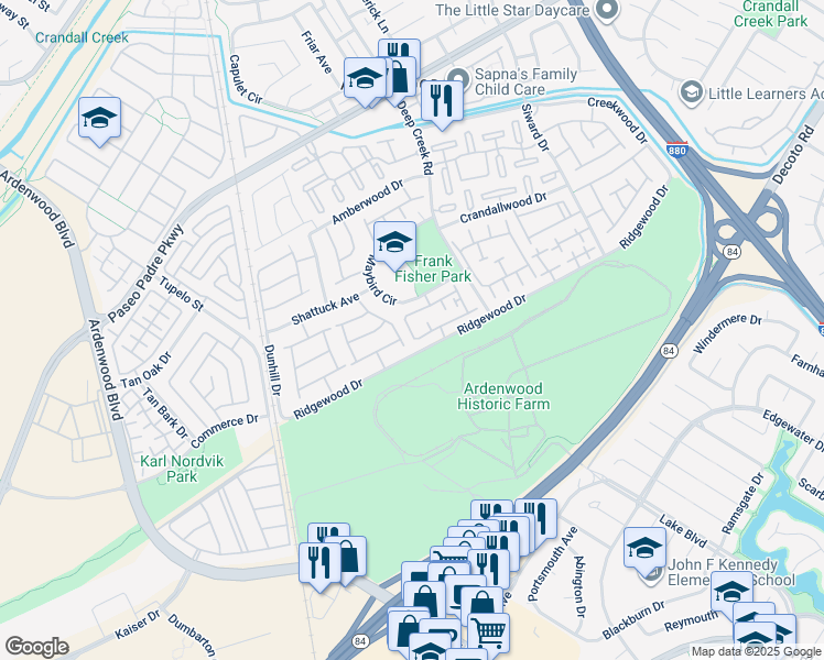 map of restaurants, bars, coffee shops, grocery stores, and more near 34528 Northstar Terrace in Fremont