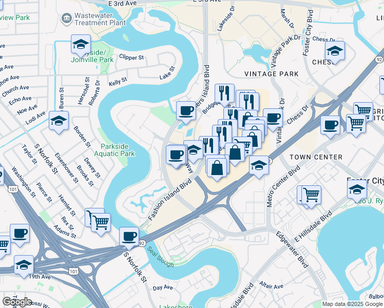 map of restaurants, bars, coffee shops, grocery stores, and more near 999 Armada Way in San Mateo