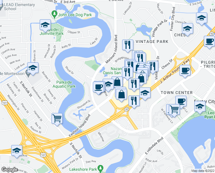 map of restaurants, bars, coffee shops, grocery stores, and more near 999 Baker Way in San Mateo