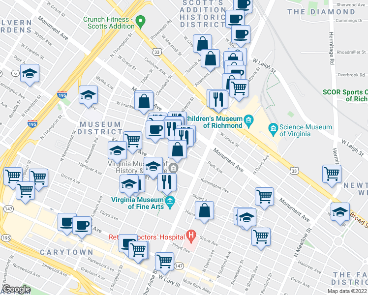 map of restaurants, bars, coffee shops, grocery stores, and more near 2909 Park Avenue in Richmond