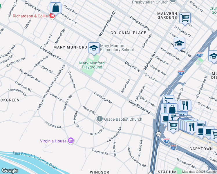 map of restaurants, bars, coffee shops, grocery stores, and more near 1 Windsor Way in Richmond