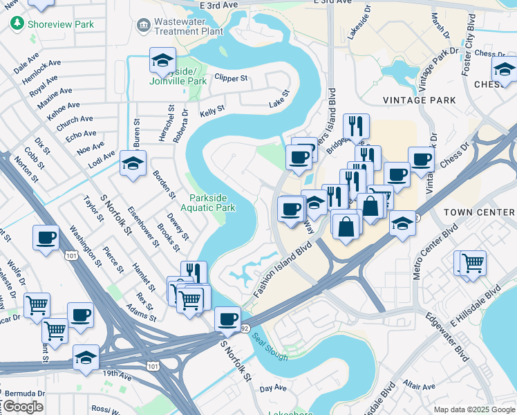 map of restaurants, bars, coffee shops, grocery stores, and more near 814 Wharfside Road in San Mateo