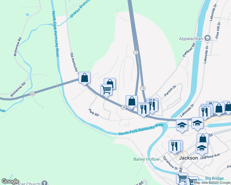 map of restaurants, bars, coffee shops, grocery stores, and more near 125 Kings Ridge Road in Jackson