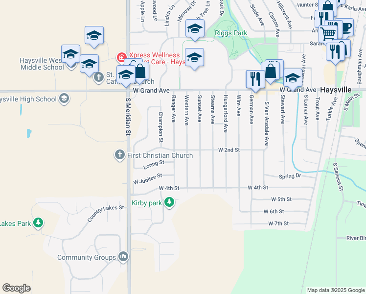 map of restaurants, bars, coffee shops, grocery stores, and more near 1100 West 2nd Street in Haysville