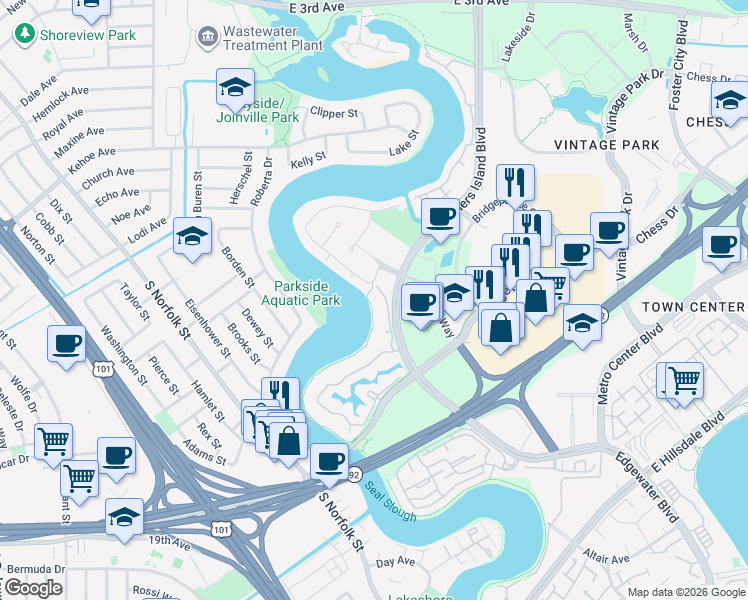 map of restaurants, bars, coffee shops, grocery stores, and more near 814 Wharfside Road in San Mateo