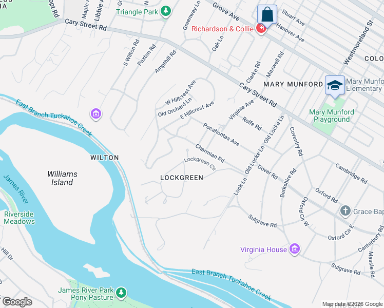 map of restaurants, bars, coffee shops, grocery stores, and more near 4805 Lockgreen Circle in Richmond