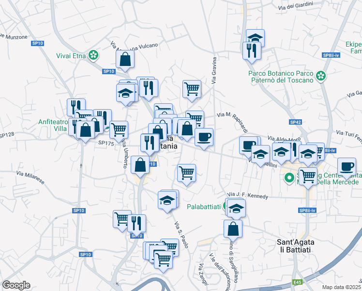 map of restaurants, bars, coffee shops, grocery stores, and more near 2 Via Giacomo Leopardi in Gravina di Catania