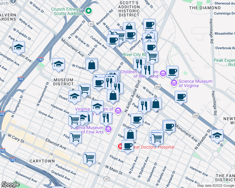 map of restaurants, bars, coffee shops, grocery stores, and more near 2909 Park Avenue in Richmond