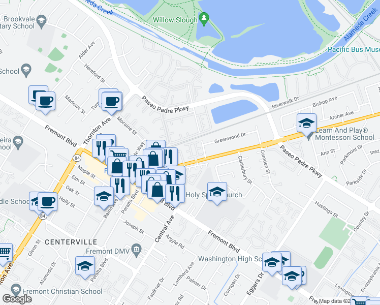 map of restaurants, bars, coffee shops, grocery stores, and more near 3554 Shadowbrook Terrace in Fremont