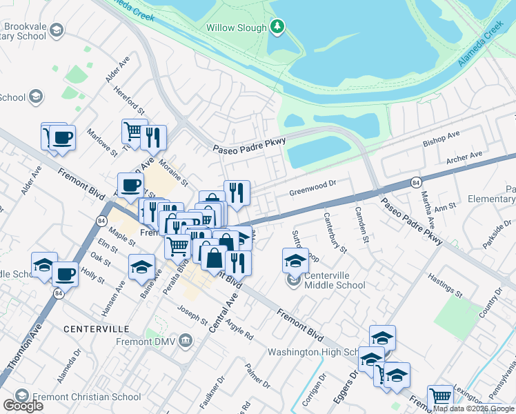 map of restaurants, bars, coffee shops, grocery stores, and more near 3570 Peralta Boulevard in Fremont