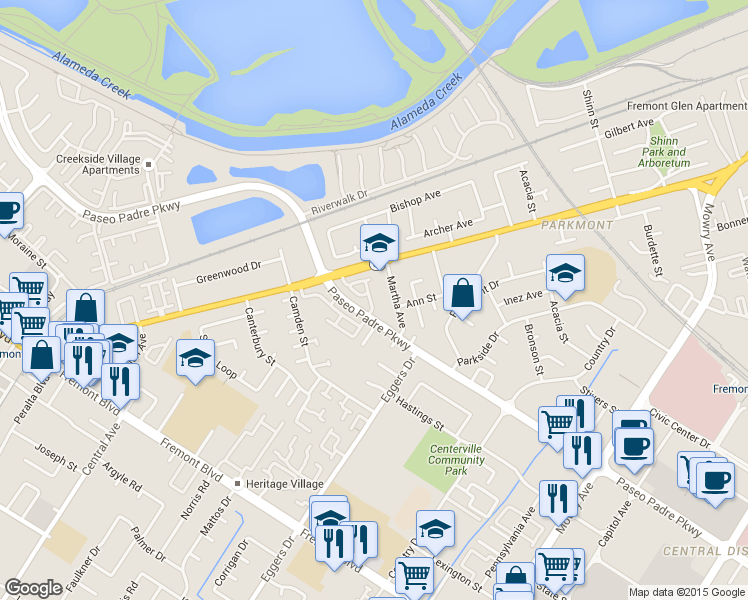 map of restaurants, bars, coffee shops, grocery stores, and more near 2997 Park Place Common in Fremont