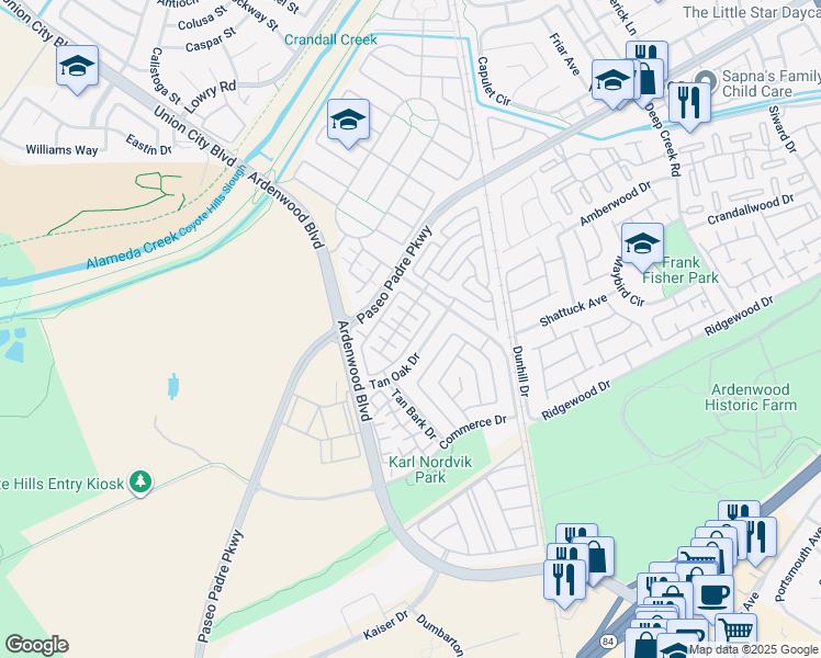 map of restaurants, bars, coffee shops, grocery stores, and more near 5677 Tan Oak Drive in Fremont