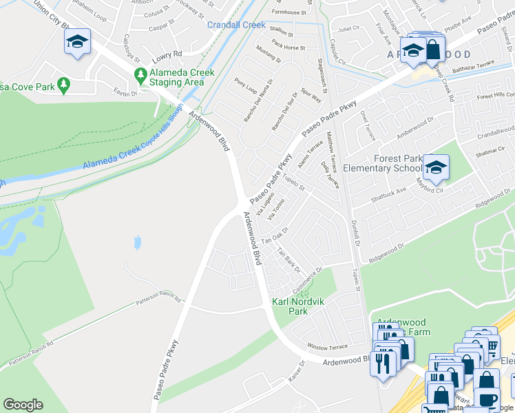 map of restaurants, bars, coffee shops, grocery stores, and more near 34116 Asti Terrace in Fremont