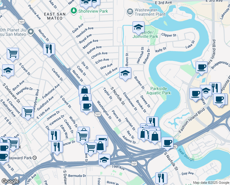 map of restaurants, bars, coffee shops, grocery stores, and more near 1694 South Norfolk Street in San Mateo