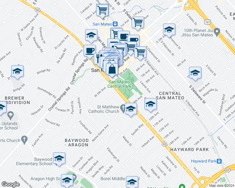 map of restaurants, bars, coffee shops, grocery stores, and more near 521 East Capistrano Way in San Mateo