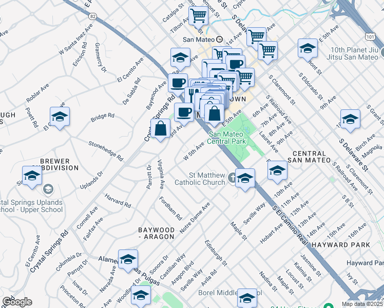 map of restaurants, bars, coffee shops, grocery stores, and more near 85 West 5th Avenue in San Mateo
