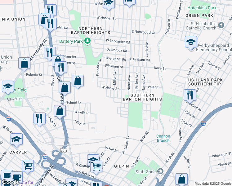 map of restaurants, bars, coffee shops, grocery stores, and more near 1900 Rose Avenue in Richmond