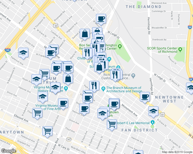 map of restaurants, bars, coffee shops, grocery stores, and more near 2627 West Grace Street in Richmond