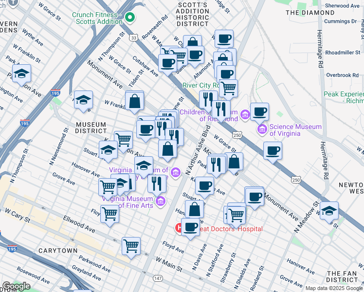 map of restaurants, bars, coffee shops, grocery stores, and more near 2901 Park Avenue in Richmond
