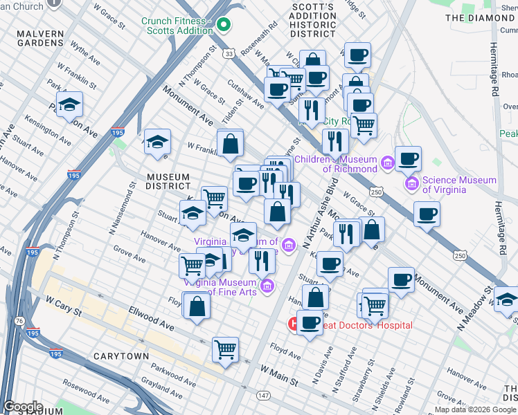 map of restaurants, bars, coffee shops, grocery stores, and more near 516 North Sheppard Street in Richmond