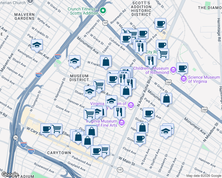 map of restaurants, bars, coffee shops, grocery stores, and more near 3104 Kensington Avenue in Richmond