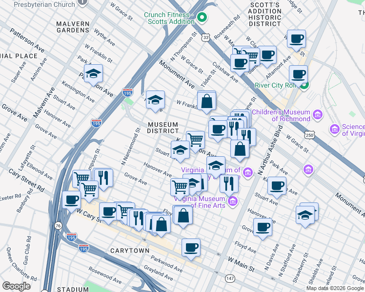 map of restaurants, bars, coffee shops, grocery stores, and more near 411 Tilden Street in Richmond