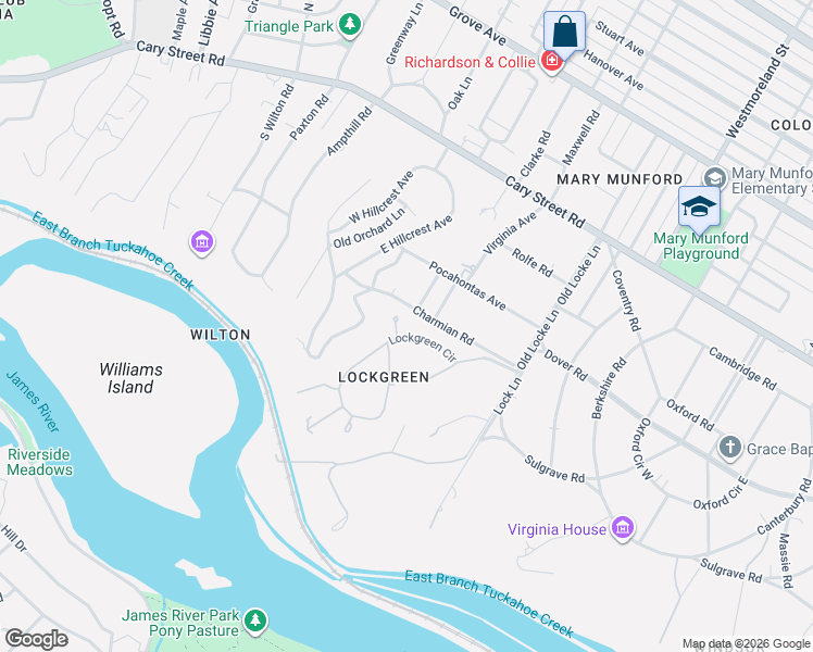 map of restaurants, bars, coffee shops, grocery stores, and more near 4805 Lockgreen Circle in Richmond