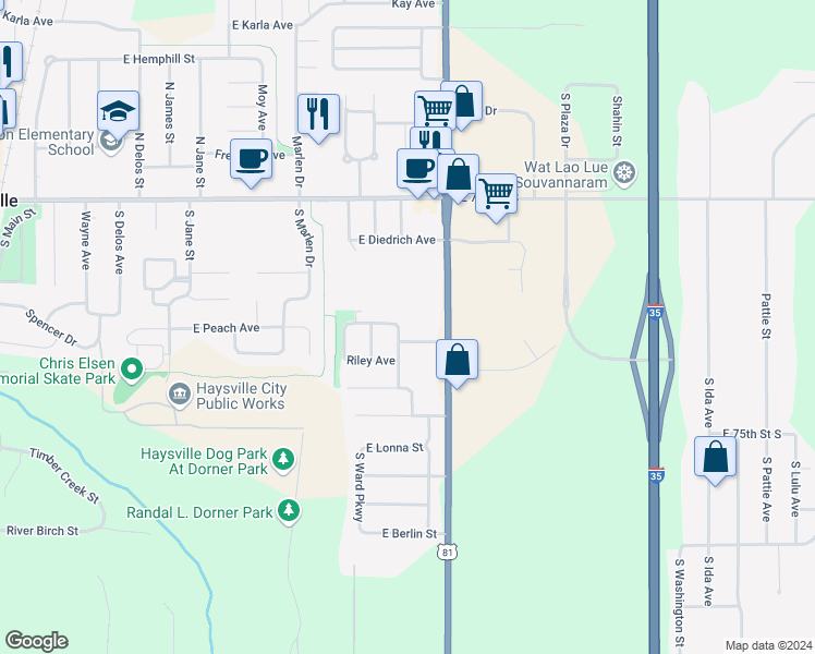 map of restaurants, bars, coffee shops, grocery stores, and more near 7425 South Broadway Street in Haysville