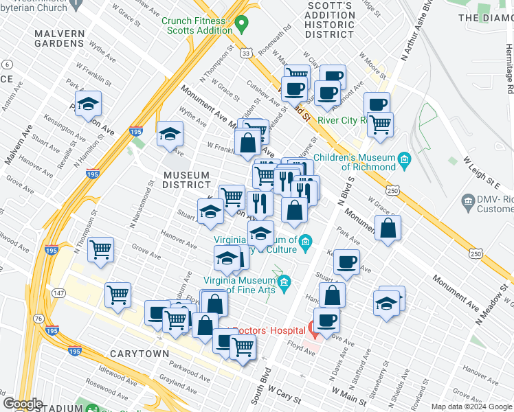 map of restaurants, bars, coffee shops, grocery stores, and more near 3111 Patterson Avenue in Richmond