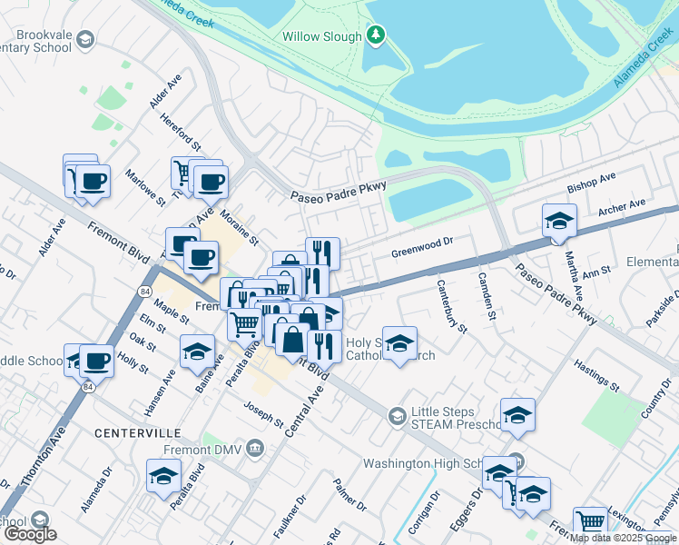 map of restaurants, bars, coffee shops, grocery stores, and more near 37410 Parish Circle in Fremont