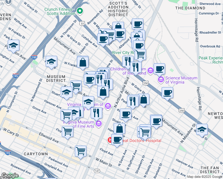 map of restaurants, bars, coffee shops, grocery stores, and more near 2900 Park Avenue in Richmond