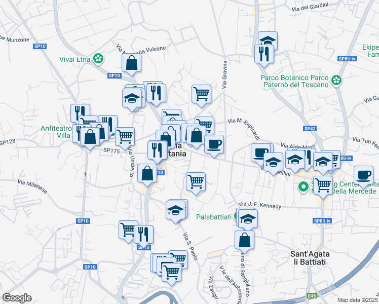 map of restaurants, bars, coffee shops, grocery stores, and more near 2 Via Giacomo Leopardi in Gravina di Catania