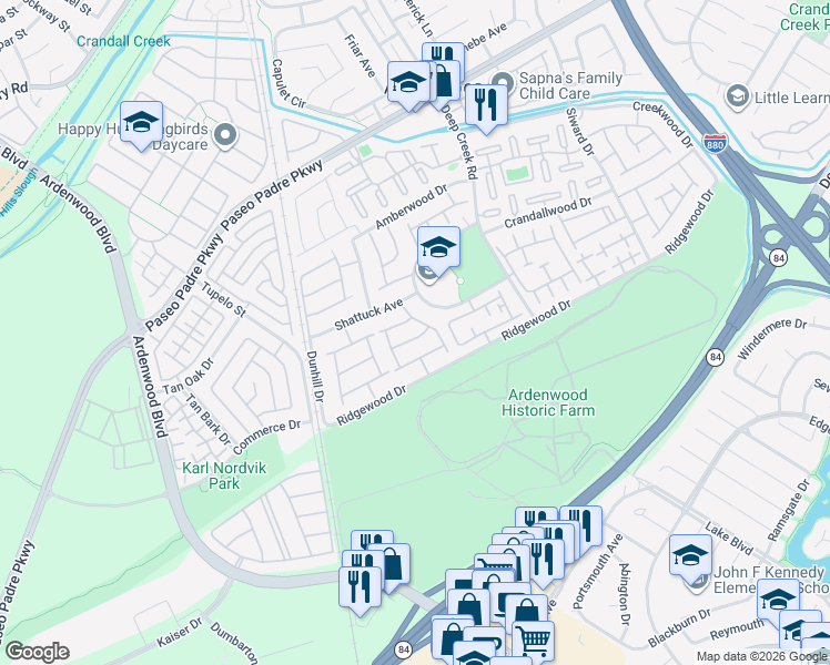 map of restaurants, bars, coffee shops, grocery stores, and more near 5405 Quebec Common in Fremont