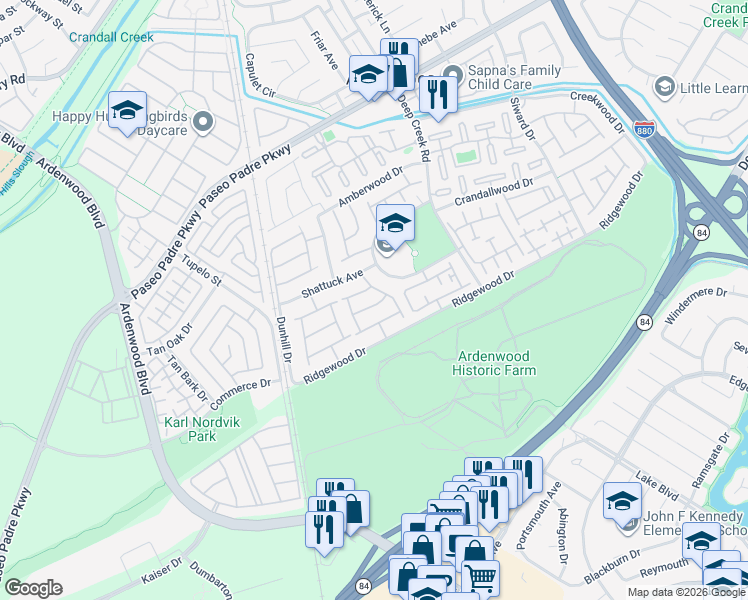 map of restaurants, bars, coffee shops, grocery stores, and more near 5405 Quebec Common in Fremont
